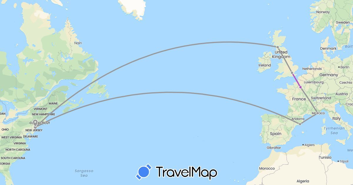 TravelMap itinerary: plane, train in Spain, France, United Kingdom, United States (Europe, North America)